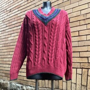Vintage Bugle Boy v neck burgundy chunky cable knit sweater Size Extra Large